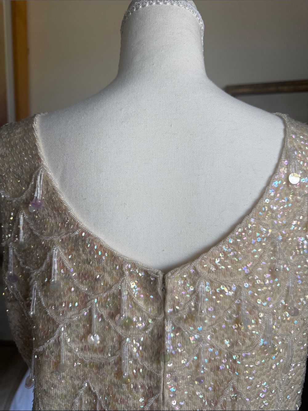 Vintage Handmade Haute Couture Beaded Ivory Sequin Top 100% Wool Size 36 - Picture 8 of 15